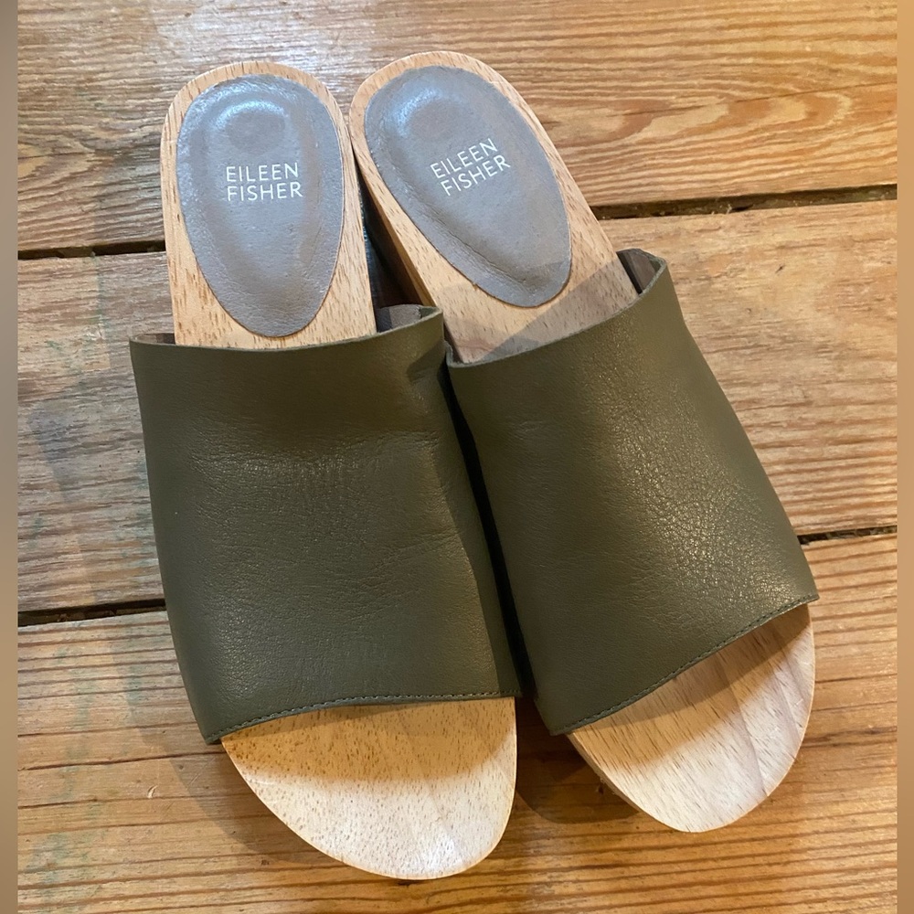 NWOB Eileen Fisher Women's Green Leather Mule Sandals/Slides, Sz 9.5